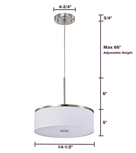 Pendant Light, Brushed Nickel Drum Linen Fabric Shade, 14 inch 25watts LED 1200lumens 3000K 3500K 4000K Switchable 90CRI Dimmable, 72 inch Hanging Cable, Pendant Chandelier for Kitchen Island - Image 5