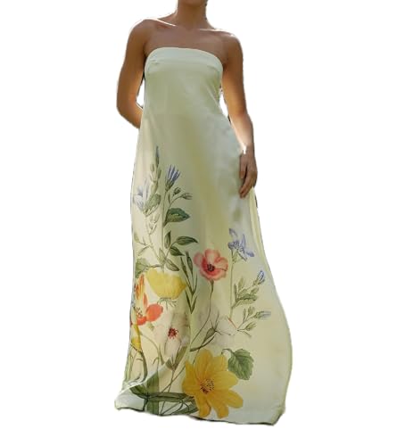 Image of Women Floral Print Maxi Tube Dress Strapless Flowy Long Bandeau Dress Y2K Open Back Sundress Summer Beachwear