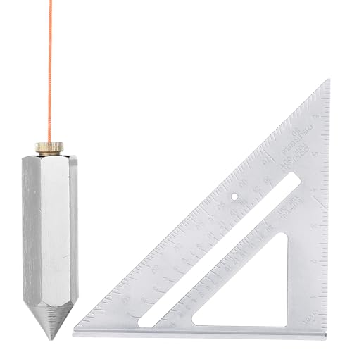 Ceenna 8 Ounce Plumb Bob and 7 Inch Rafter Square Combo, Aluminum Alloy Carpentry Tool, Angle Finder, Protractor & Precision Measuring Tool for Roofing Framing Woodworking Contractor and DIY(Hexagon)