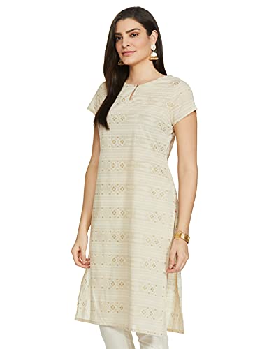 Image of W for Woman Beige Glitter Printed Straight Kurta