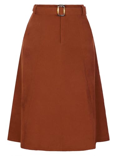 Allegra K Falda Midi de Pana con Cinturón Falda de Cintura Alta para Mujer con Bolsillos Caramelo L