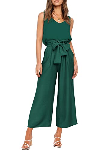FANCYINN Womens 2 Piece Crop Pants Set V Neck Tank Wide Strap Tops High Waisted Cropped Paper Bag Pants with Belt Dark Green Top & Wide Leg Pants L