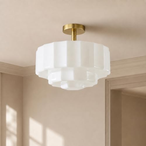 Bofea-13.8'' Vintage Milk Glass Semi Flush Mount Ceiliing Light,Brass by Bofea - Used condition - US$107.24