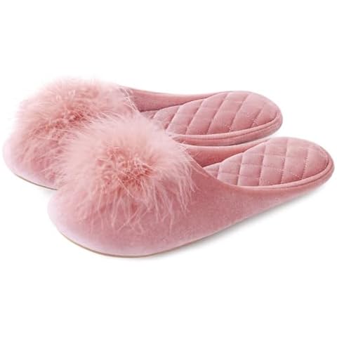 Evshine Fuzzy Feather Slippers for Women Fluffy Pom Pom Bedroom Slippers Memory Foam House Shoes, Pink 38 (Size 7.5) Cover