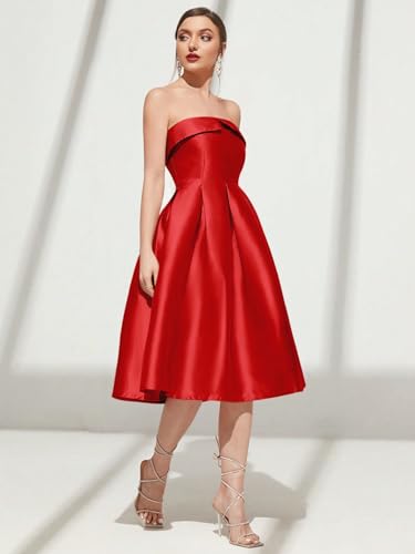 Image of Strapless Satin A-Line Cocktail Dress for Women - Elegant Prom, Wedding,Formal Evening Gown with Pleated Skirt