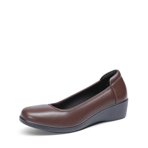 DREAM PAIRS Women's Low Wedges Heels Pumps Comfortable Slip-on Round Toe Dress Work Shoes for Office Business,Size 9,Brown,DWUMPU2551