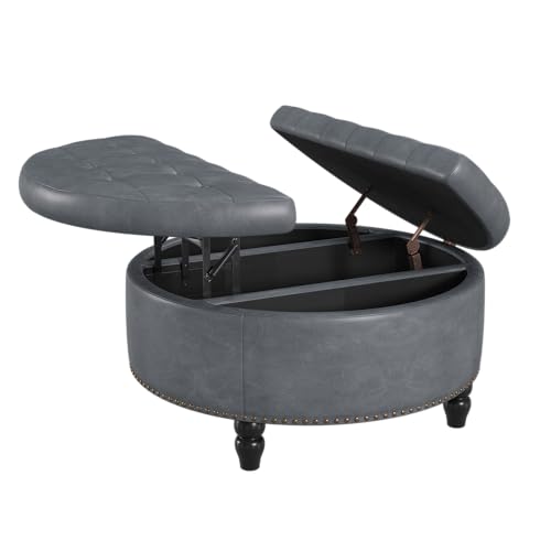 Vabches 30 Inch Round Storage Ottoman,Modern Button Tufted Coffee Table with Lift Top, Large Round Leather Ottoman Upholstered Footrest Stool Toy Blanket Storage for Living Room, Gray