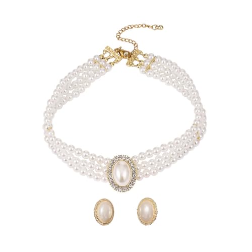 Image of Solbrezeni 3 Rows Pearl Choker Studs Jewelry Set, Layered Pearl Choker Necklace + Exquisite and elegant Studs, Adjustable Collar Necklaces, for Women, for Wedding Birthday Party Jewelry Gifts(3 Pcs)