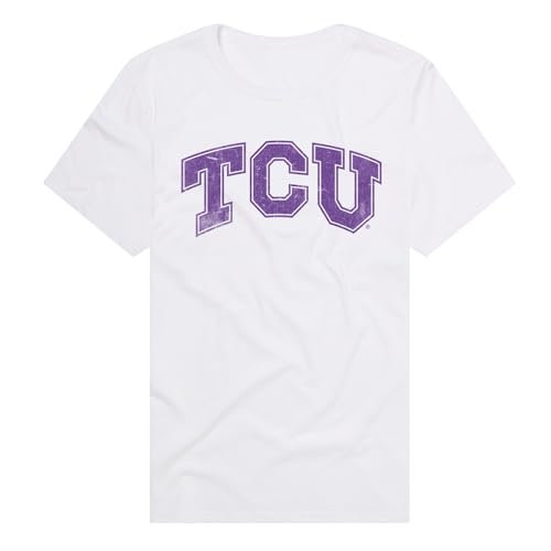 Texas Christian University Horned Frogs Distressed School Name Official NCAA Classic Ring-Spun T-Shirt Unisex for Men & Women, White, Large