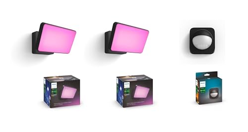 Philips Hue Outdoor Bundle – Bewegungssensor + 2x Discover Flutlicht White & Colour 15W Farben, smarte Lichtsteuerung über Sprache oder App, schwarz