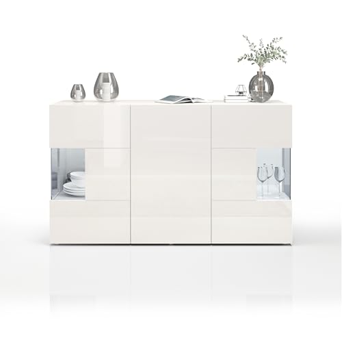 WHOUS Buffet Egypt pour Salon 135 x 40 x 80 cm, Bahut Moderne 3 Portes avec Vitres en Verre Expositives