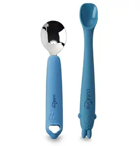Cubkins Steel Head Spoon with Early Feeding Bendable Training Spoon for Feeding Baby | Non Toxic, Food Safe and BPA Free | Washable and Reusable (Blue Olive)
