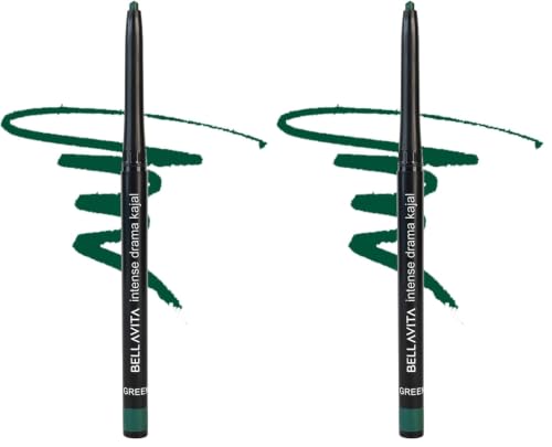 Image of BELLAVITA Intense Drama Kajal Green Waterproof Smudge Proof | Long Lasting, Enriched with Vitamin E & Almond Oil | pencil Glossy | Kajal for women| 0.3 g (Pack of 2)
