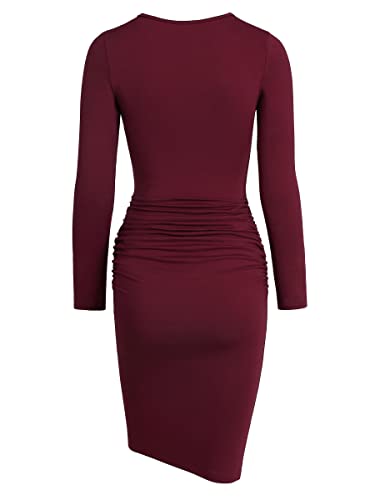 Missufe Long Sleeve Ruched Casual Sundress Women's Knee Legnth Bodycon Sheath Dress (Burgundy, Medium) #TOP1
