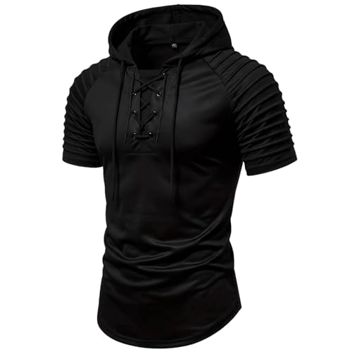 Sweat a capuche homme décontracté sport manches courtes plissées empiècement poitrine