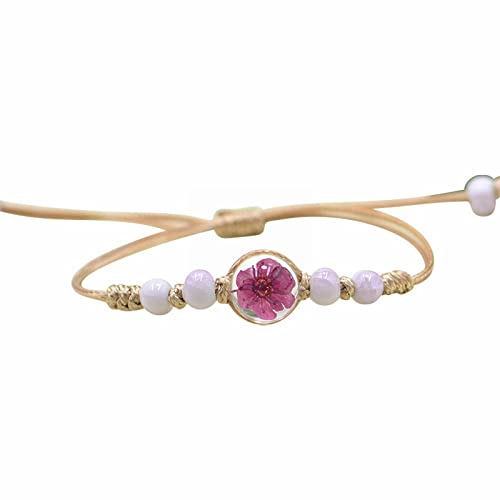Bracelet fleurs séchées femme avec perles de verre et boucles d'oreilles créopes en corde