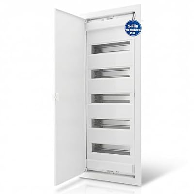 Intratec Cuadro Eléctrico Empotrado 5 Filas – Caja de Distribución IP40 para 60 Módulos con Puerta Metálica Blanca y Carril DIN para Instalaciones Eléctricas Interiores – 346 x 94 x 842mm