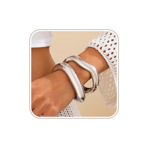 Image of Salircon Gold Bangle Bracelets for Women Gold Wide Chunky Bracelets Trendy Hinged Cuff Open Chunky Bracelet Irregular Jewelry