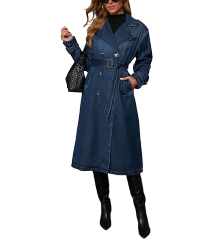 cffvdiz Femmes Vintage Col Revers Long Denim Veste Double Breasted Ceinture À Manches Longues Bureau Jean Trench Coat,Dark blue,XL
