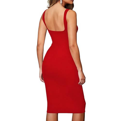 Image of TOPSRANI Women Sexy Midi Dress Bodycon Casual Sleeveless Basic Ruched Tank Summer Club Party Dresses