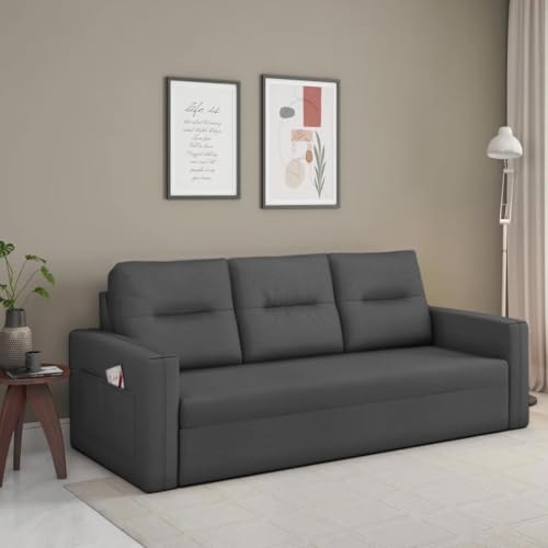 Image of FURNY Premium Clanster 3 Seater Fabric Pull Out Sofa Cum Bed Set for Living Room | with Velvet Fabric | - Dark Grey Color