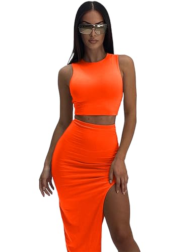 Image of ELLEVEN Two Piece Maxi Skirt Sets Summer 2 Piece Dress Outfits Sexy High Slit Long Skirt and Sleeveless Crop Top for Women Going Out Bodycon Orange X-Small