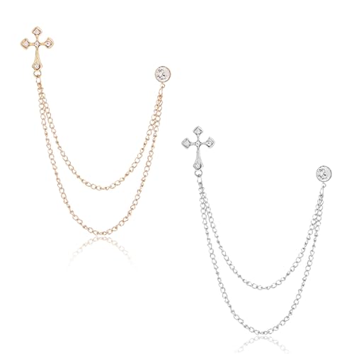 Image of 2PCS Crystal Hanging Chain Brooch Suit Pin for Men Women Vintage Crown Cross Star Diamond Broochs Gold and Silver Wedding Brooch for Clothes Dress Hats Bags Accessory