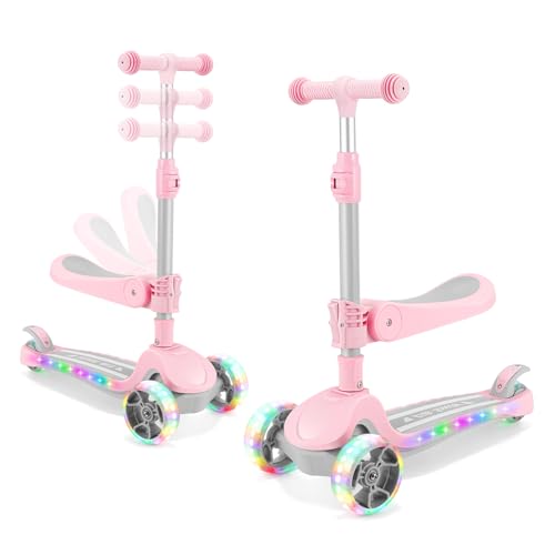AODI Kids Scooter with Seat, 2 in 1 Kick Toddler Scooter with LED Light-Up Wheels and Light up Deck, 4 Adjustable Heights, Lean to Steer, 3 Wheels Scooter Suitable for Boys & Girls Ages 2-8 Years