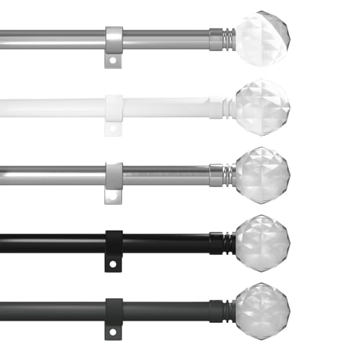Caecus Metal Eyelet Extendible Curtain Pole 28mm Diamanter 210-400cm Length Painted Grey with Crystal Ball Finial Ends