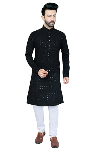 Men's Embroidered Kurta and Straight Pants Set, Multicolor, Viscose Rayon, Knee-Length, Kurta for Men (BLACKK, LARGE)