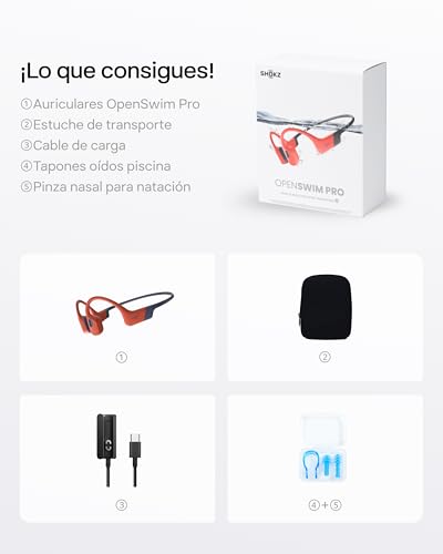 SHOKZ OpenSwim Pro Auriculares Conducción Ósea Natación, Inalámbricos Bluetooth 5.4 Open-Ear Deportivos, Impermeables IP68, 32GB MP3, Carga Inalámbrica, Mics. Cancelación Ruido, 9H de Autonomía, Rojo