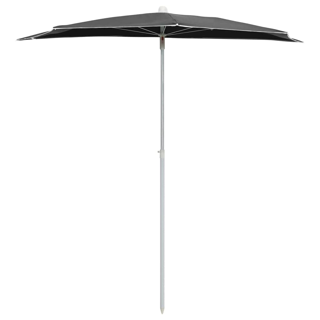 Mezzo ombrellone da 180 x 90 cm, nero, per balcone, terrazza e giardino, salvaspazio, con palo in acciaio e 5 stecche, facile da montare
