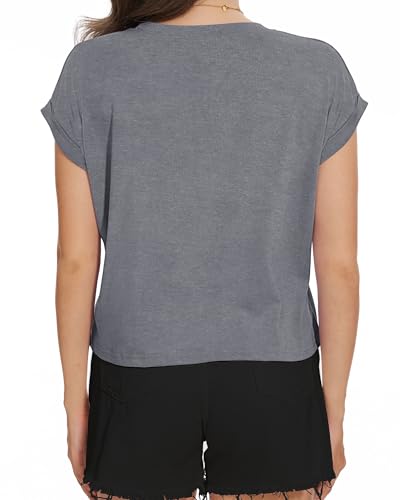 Image of Womens Crop Tops Summer Roll Cap Sleeve Cropped Tshirt Loose Fit Basic Tees