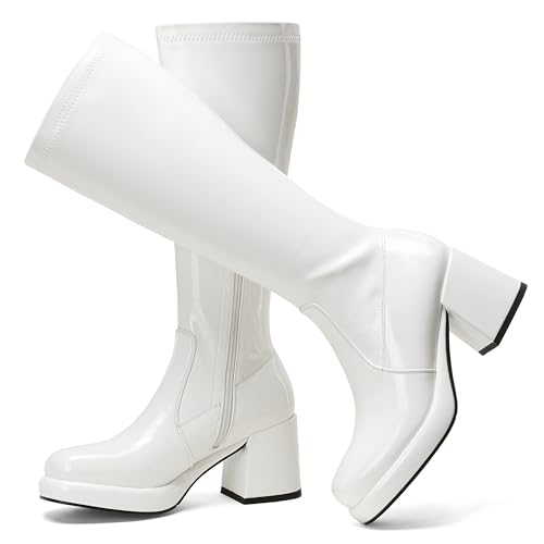 Image of LanreyTaley Elastic Women Knee High Boots Platform Chunky Heel Tall Boots Suede Dress Boots Side Zipper Stretch Boots Fall