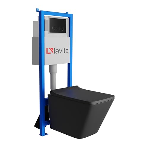 Lavita LAV 101 Élément mural pour WC 40 cm + évier mural suspendu sans bord + panneau de commande LAV 200.3.4 noir | Kit complet | Réservoir de chasse encastré | WC complet