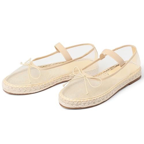 Goiphrri Mesh Mary Jane Flats for Women Platform Espadrilles Bow Knot Mary Janes Straw Mesh Ballet Flats for Women Flatform Dress Pumps4