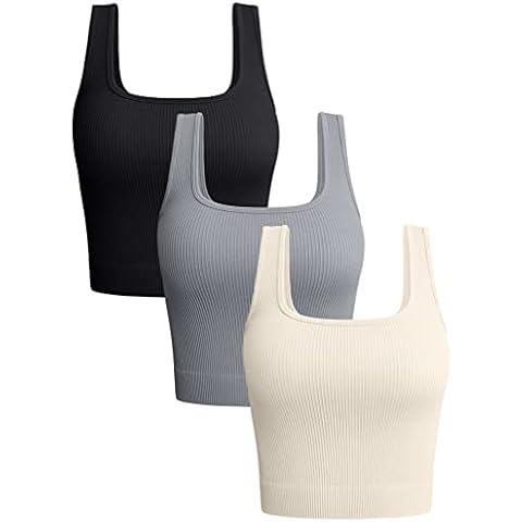OQQ Women's 3 Piece Tank Tops Ribbed Seamless Workout Exercise Shirts Yoga Crop Tops, Black Grey Beige, Small Cover