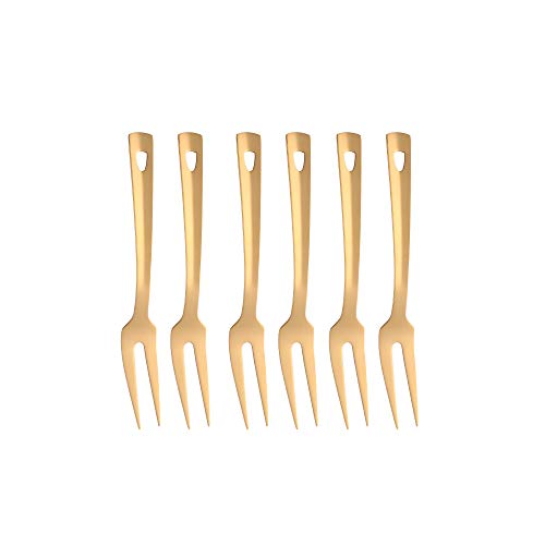6 Pcs 9.6 in Gold Meat Forks for Kitchen, Stainless Steel Titanium Plated Dinner Fork, Ergonomic Integral Forming Mirror Polish-Dishwasher Safe