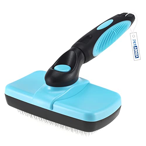 PETARNIA Self-Cleaning Slicker Brush, Dog and Cat Brush for Shedding, Suitable for Long and Short Haired Pets, Pain-Free Grooming Brush with Retractable Bristles (Light blue)