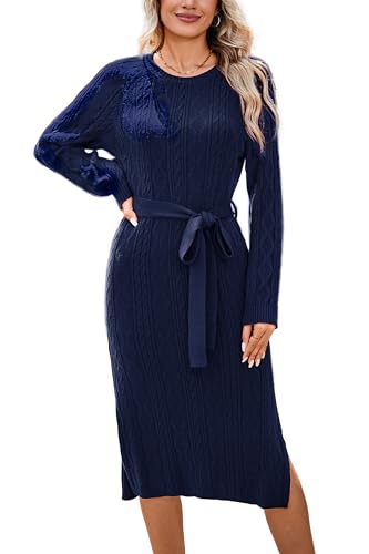 STYLEWORD Strickkleid Damen Langarm Pulloverkleid Schlitz Winterkleid Zopfmuster Midi Herbstkleid mit Gürtel(Königsblau,S)