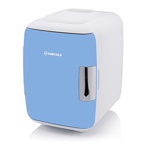 Subcold Classic4 Small Mini Fridge Cooler & Warmer | 4 Litre - 6 Cans | Compact, Portable & Quiet | AC+DC+USB Power Compatibility Options (White/Blue)