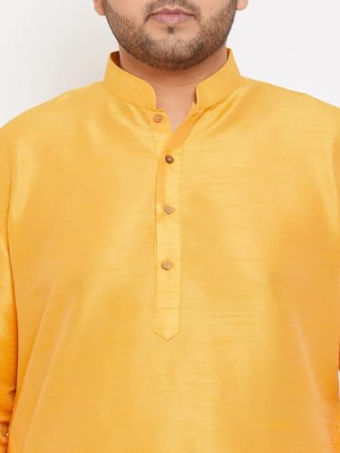 Image of Vastramay Men's Yellow Silk Blend Banarasi Kurta, Full Sleeve, Mandarin Neck, Regular Fit, Festive, Soft Comfortable Feel, Solid Design for Traditional Occasions