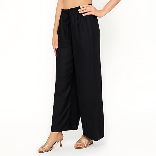 Image of Women's Rayon Palazzo Pants | Solid Color Wide Leg Trousers in 18 Shades | Elastic Waist Casual Bottoms XS-7XL | Comfortable