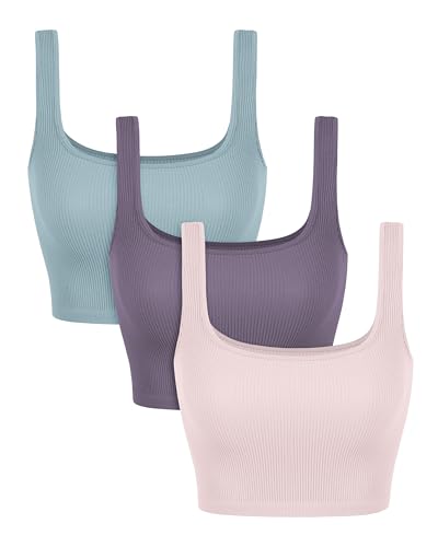 Image of ODODOS 3-Pack Seamless Square Neck Crop Tank for Women Ribbed Knit Soft Low Back Cropped Tops