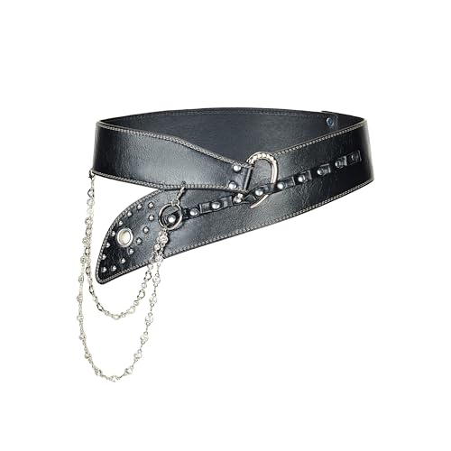 Punk Goth Style Wide Belt for Women - Stitched PU Leather with Studded Rivets & Detachable Double Crystal Chain - Pothook Buckle 30-40 Inch