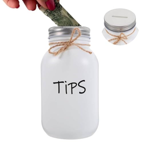 MOJMBSBY Laundry Room Bank, Mason Jar Coin Bank for Laundry Room Decor, Rustic Farmhouse Tip Jar with Large Slot for All US Coins, Bills & Tickets, 35 oz Glass with Wooden Lid