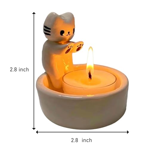 Kitten Candle Holder, Handmade Ceramic Candlestick,Cartoon Kitty Warming Its Paws Cute Light Holder, Gift for Cat Lover Choice(Not Included Candles)