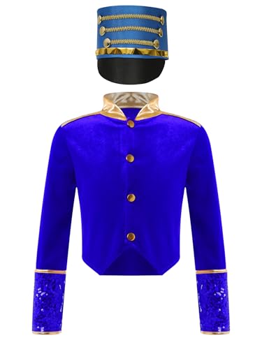 Kids Boys Girls Circus Ringmaster Sequins Coat Music Band Drummer Team Uniform with Soldier Cap