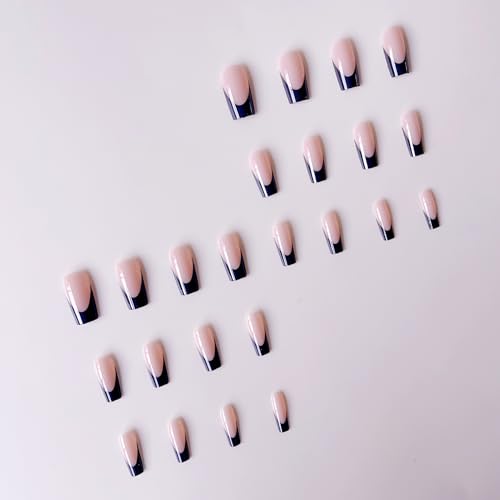 Image of 48 Pcs Black Press on Nails Medium & Press on Toenails Set Square Glue on Nail French Tip Fake Nails Artificial Acrylic Full Cover Stick on Toe Nails Glossy False Nail for Women Summer Manicure