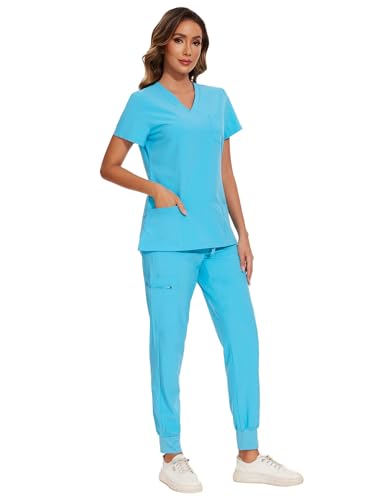 image for COZYFIT Scrubs for Women Set - Stretch V-Neck Scrub Top & Jogger Pant 